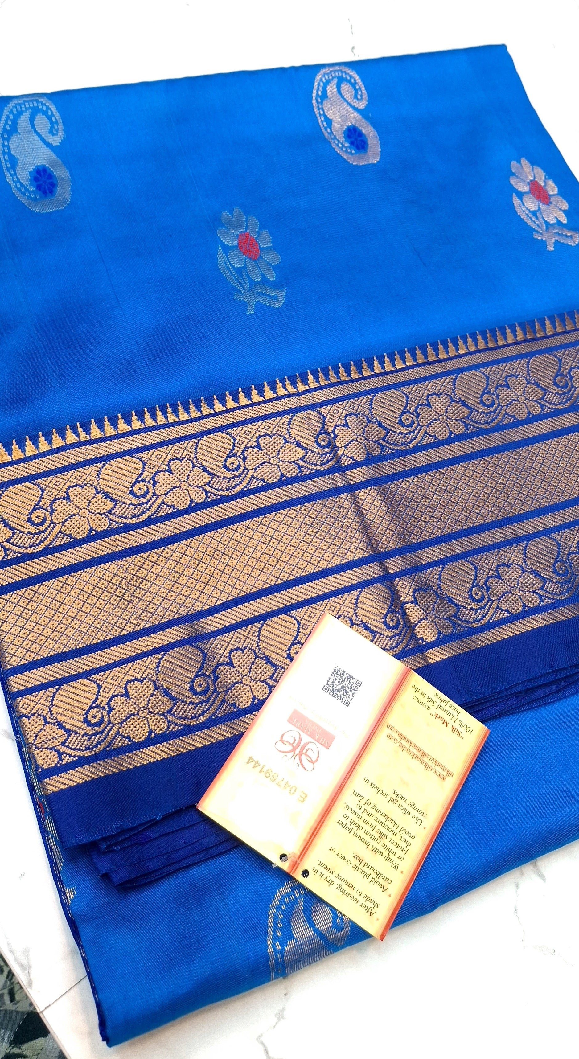 PURE SILK HANDLOOM BLUE UPPADA IN GOLD AND SILVER BUTTI