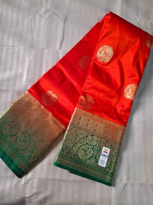 Pure Silk Crimson Red with Green contrast KATHPADAR Saree