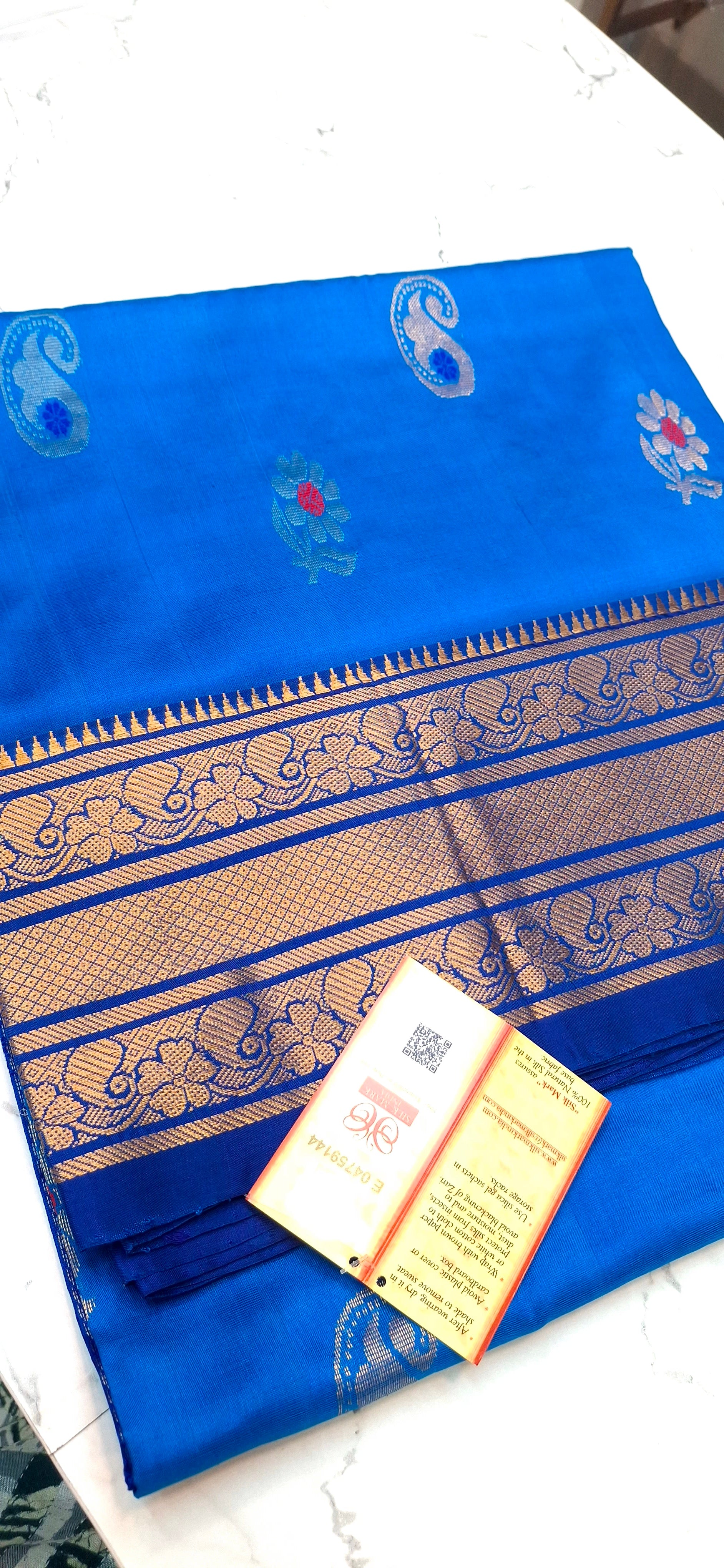 PURE SILK HANDLOOM BLUE UPPADA IN GOLD AND SILVER BUTTI