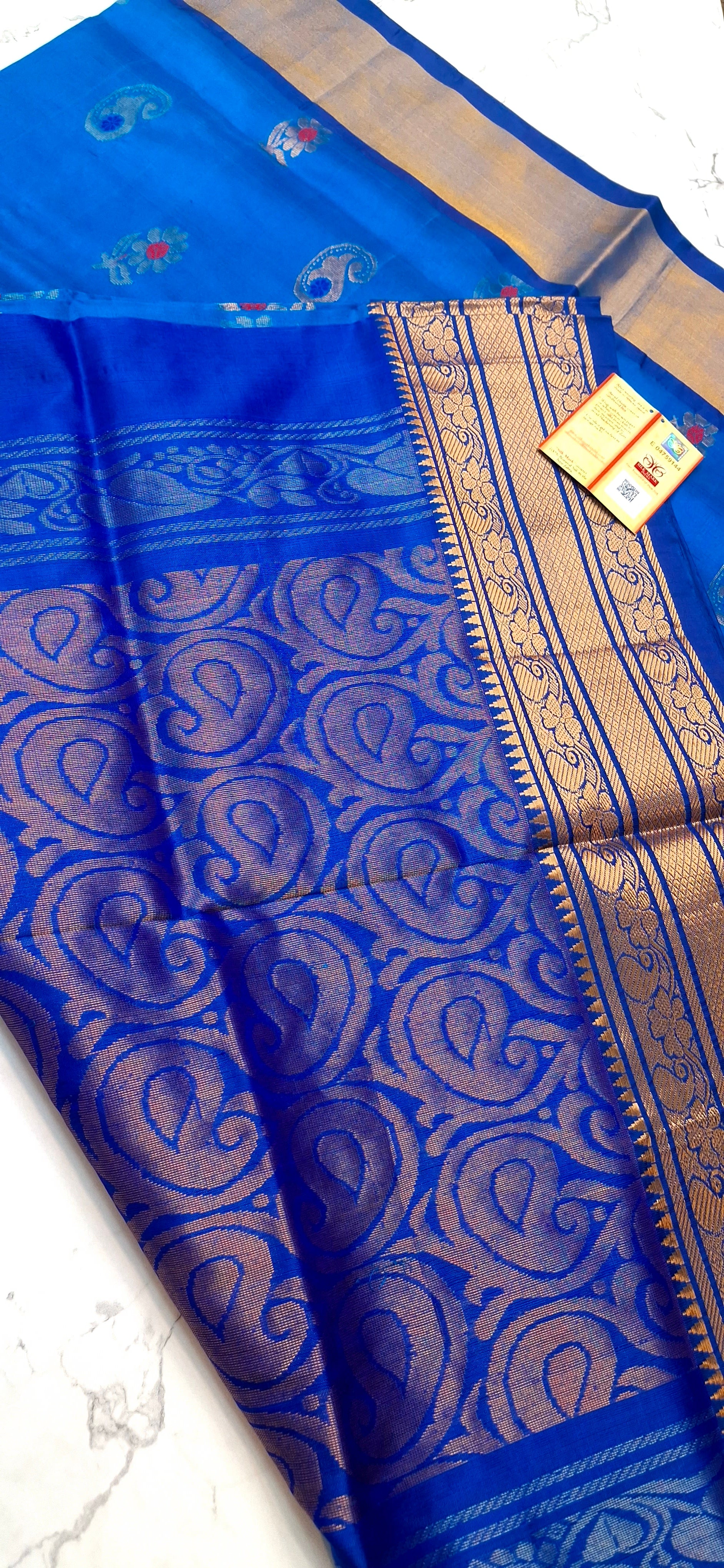PURE SILK HANDLOOM BLUE UPPADA IN GOLD AND SILVER BUTTI