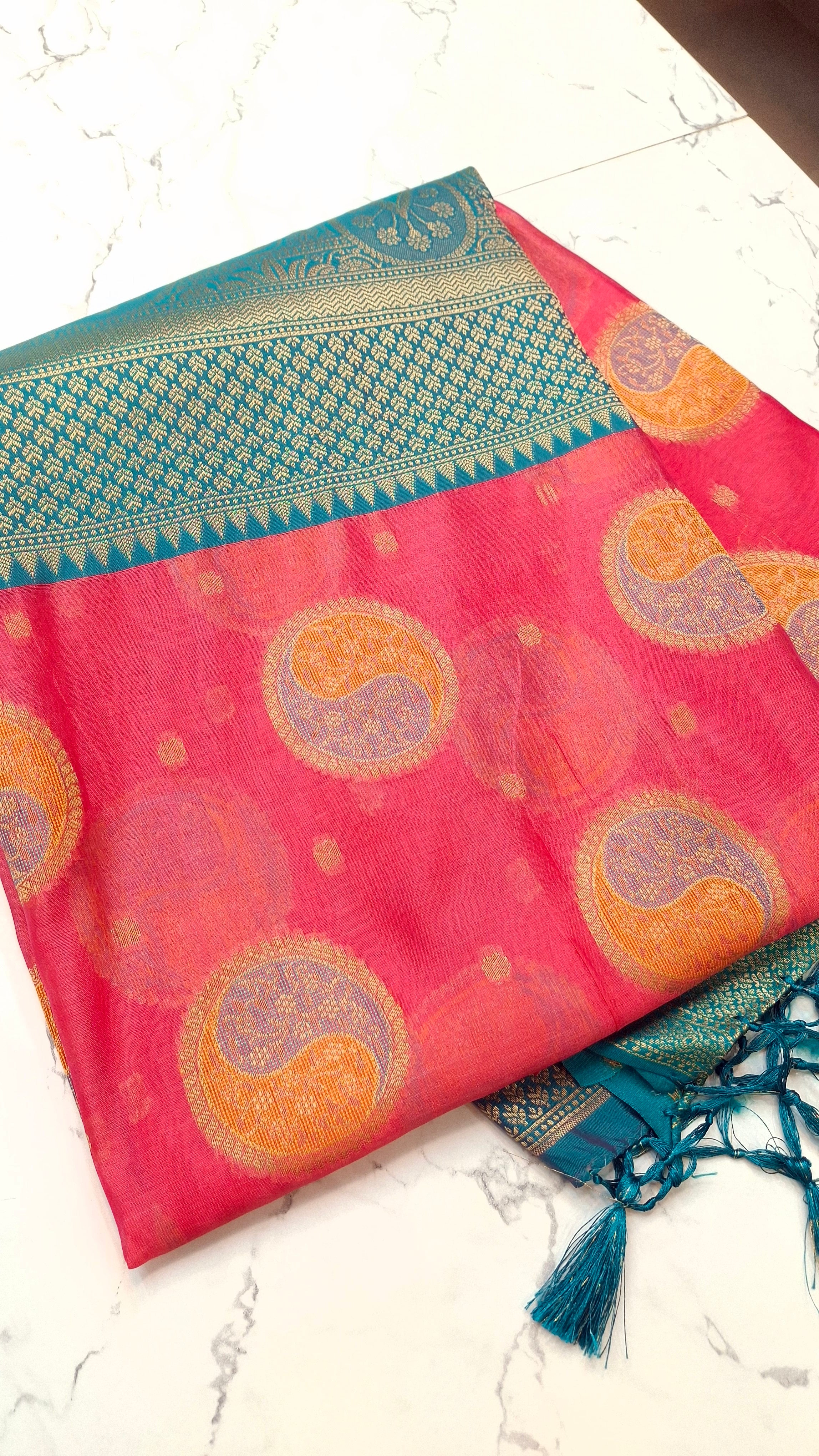 COTTON BASE KATHPADAR SAREE IN PEACH PINK COLOUR