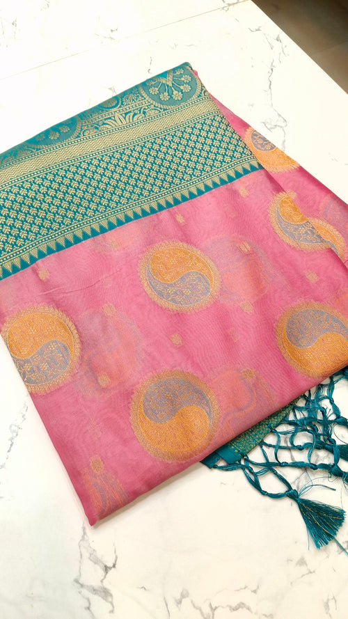 COTTON BASE KATHPADAR SAREE IN BABY PINK COLOR