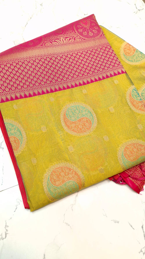 COTTON BASE KATHPADAR SAREE IN OLIEVE GREEN SHADE